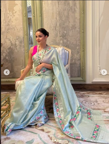 Kota Tissue Jamawar Paithani Border Saree in Silver (As Seen on Priyanka Nagar)