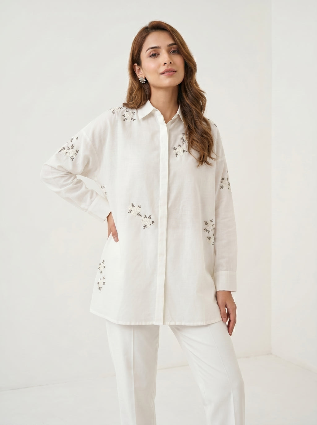 Chanderi Sequin Cutdana Cluster Flower Embroidery Shirt – Off White | Women's Designer Ethnic Wear