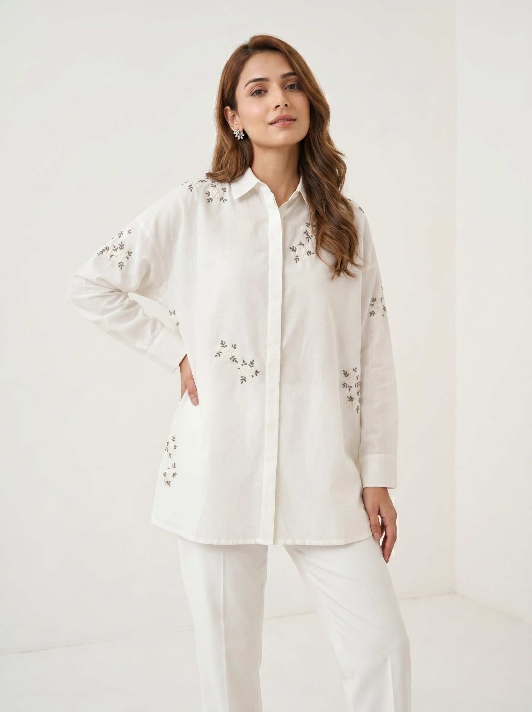 Chanderi Sequin Cutdana Cluster Flower Embroidery Shirt – Off White | Women's Designer Ethnic Wear