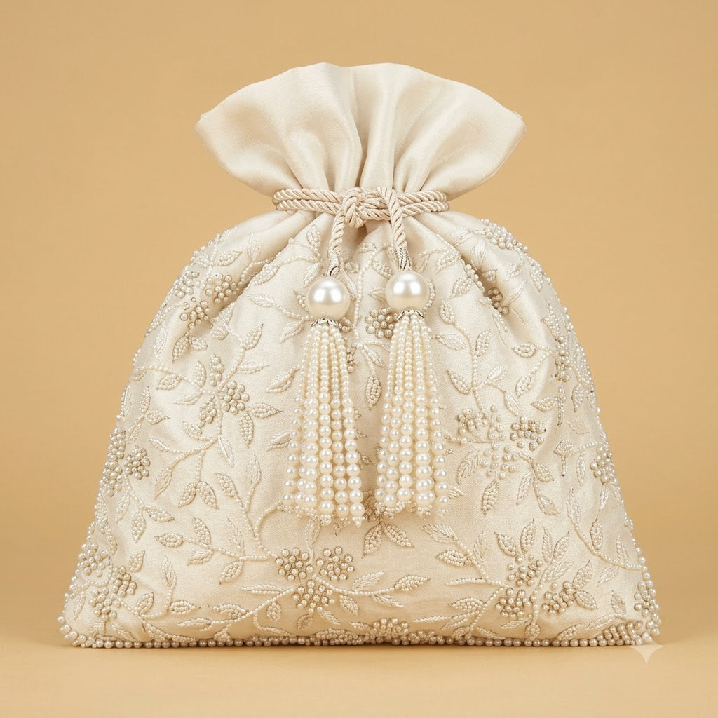 Dupion Silk Potli – Ivory | Pearl Cluster & Leaf Jaal Embroidery with Pearl Border & Pearl Tassel Drawstring | Women’s Designer Festive Potli