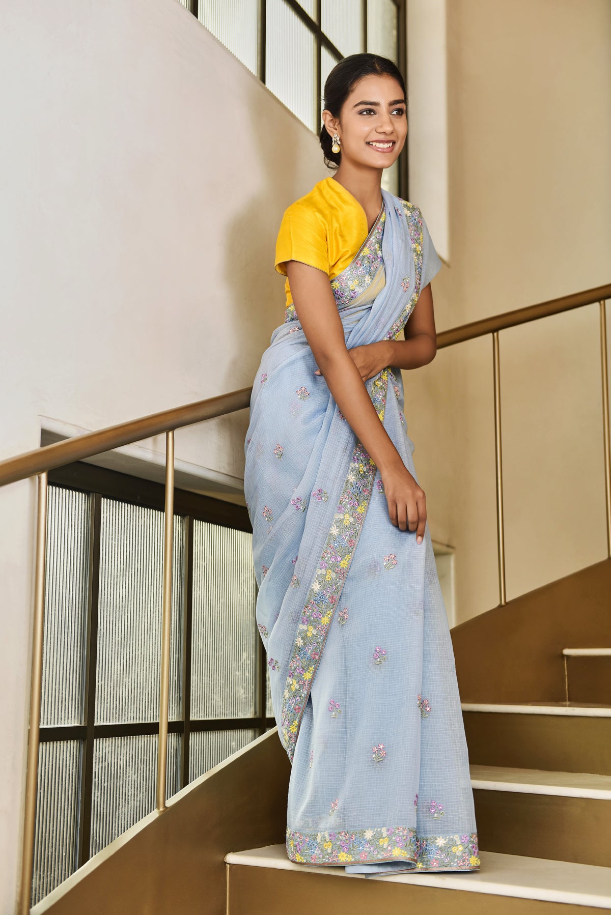 Kota Multi Colour Resham Fulwari Broder with Buti embroidery Saree - Light Blue