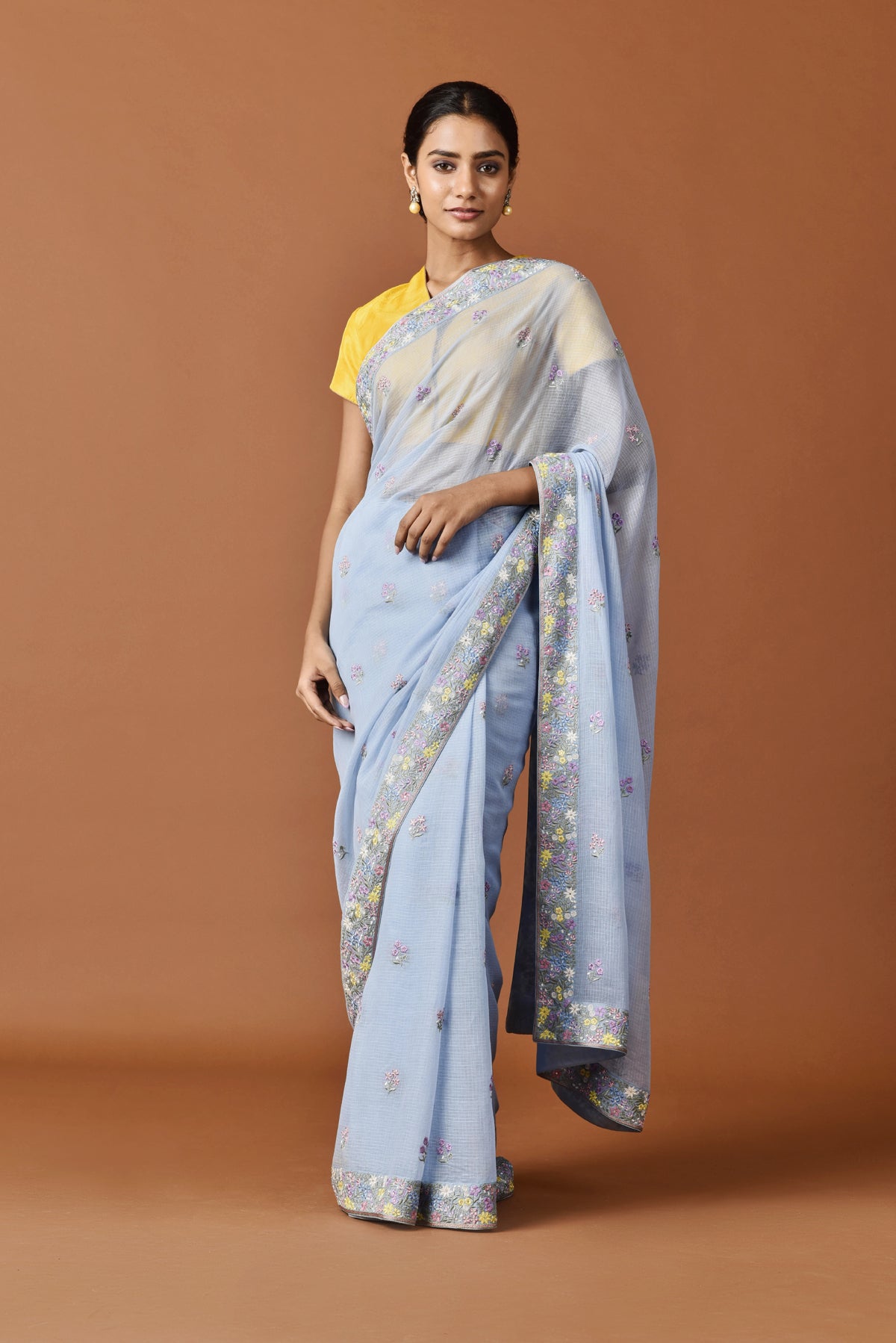 Kota Multi Colour Resham Fulwari Broder with Buti embroidery Saree - Light Blue