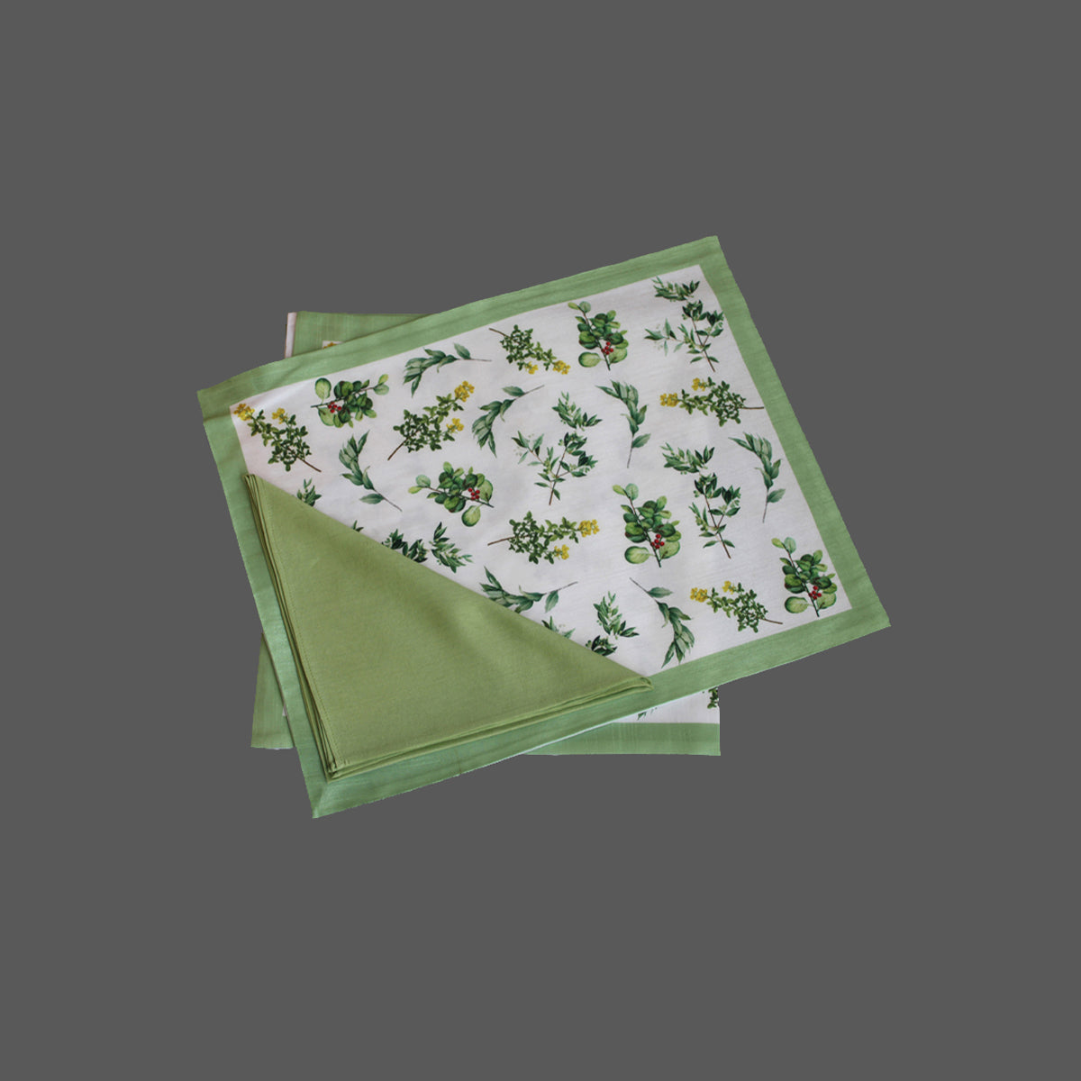 Dupion Silk Botanical Digital Print Green Mat with Napkins