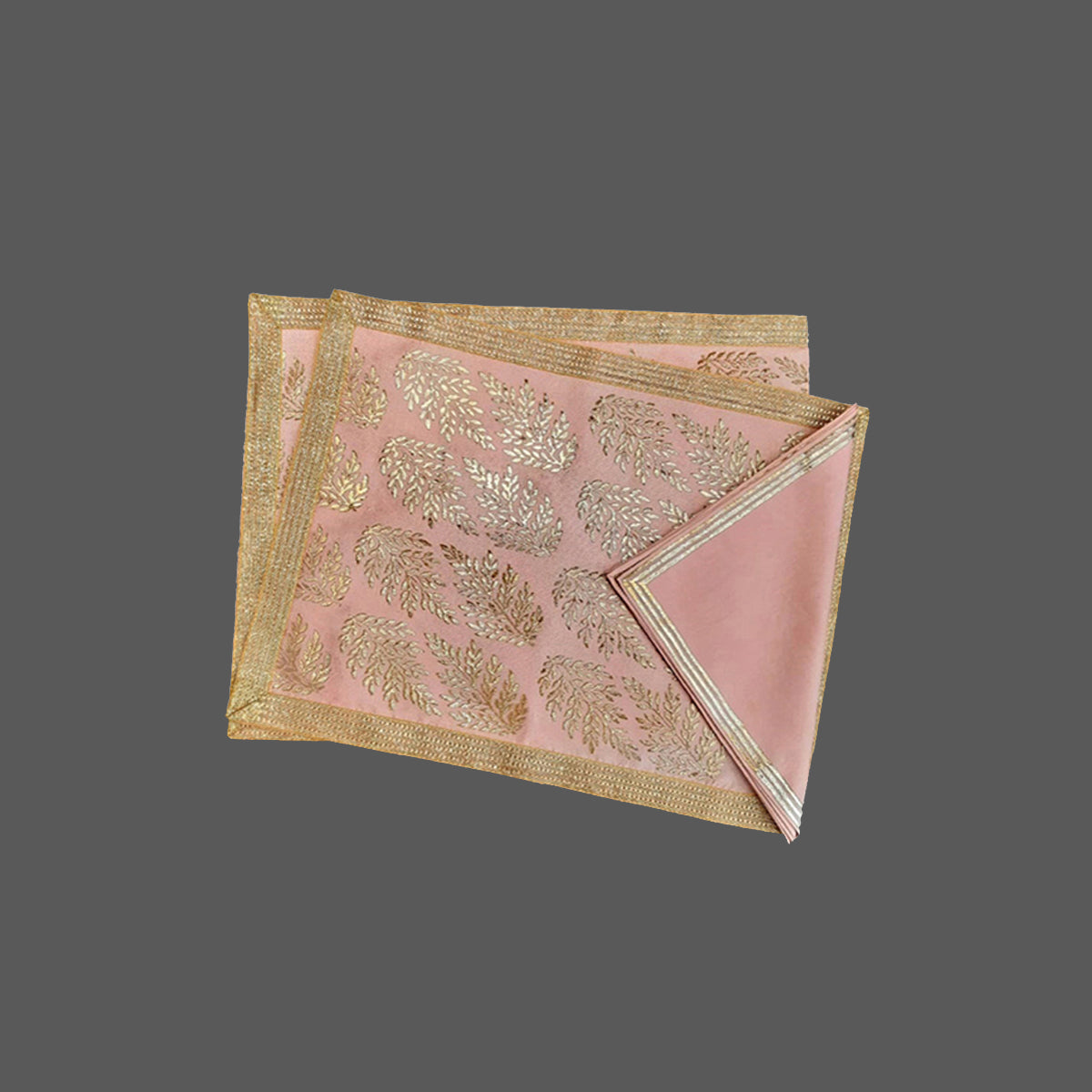 Pink Dupion Silk Fabric With Metallic Foil Leaf Print Table Mat and Lace Trim