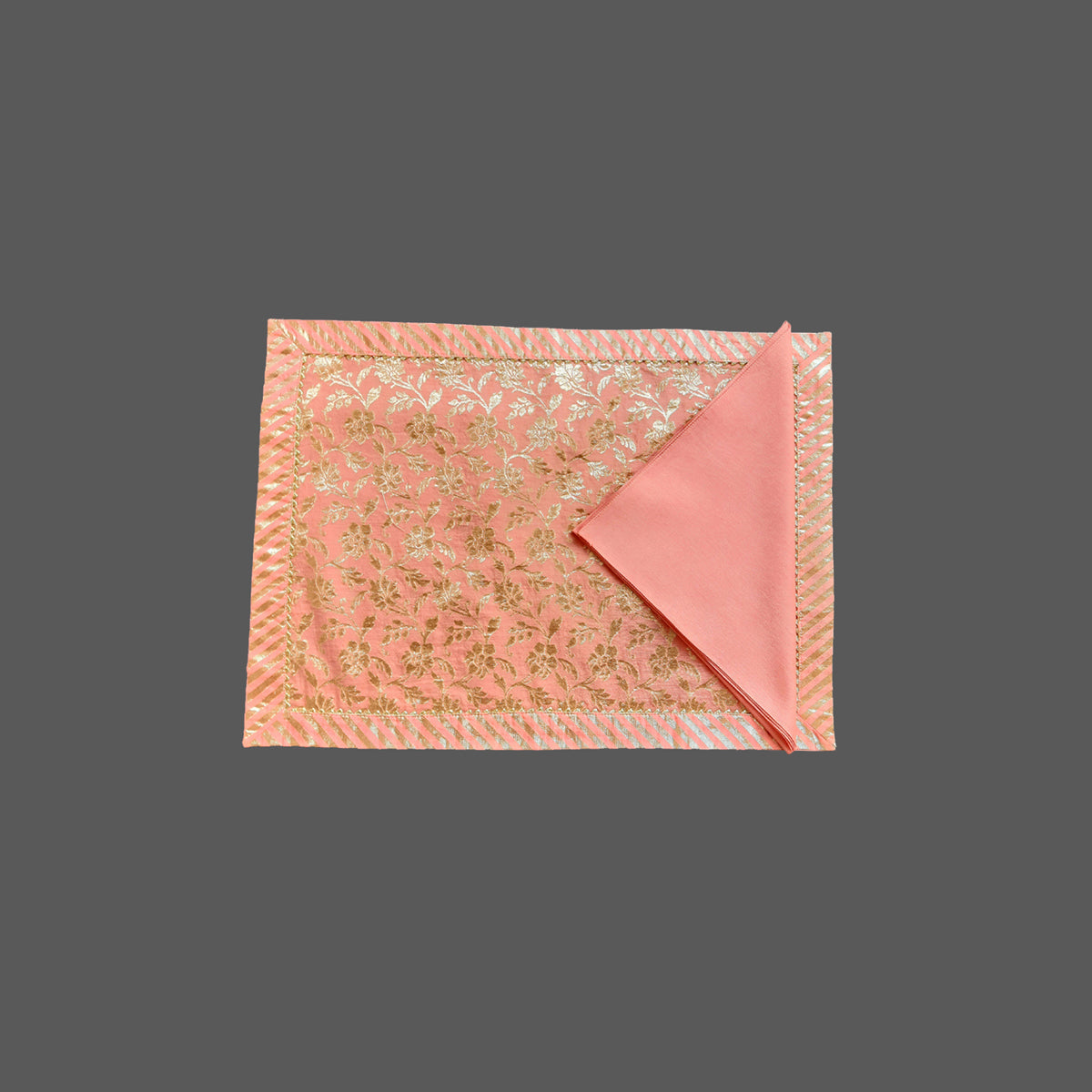 Coral Chanderi Woven With Zari Jaal Embroidery Table Mat With Napkins