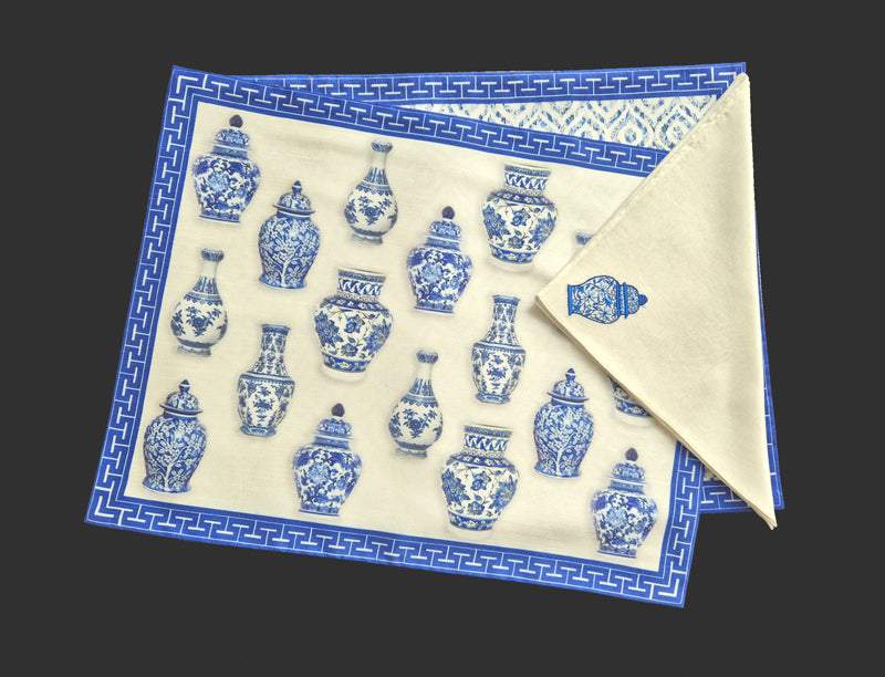 Dupion Silk Portery Printed Blue Mat Set