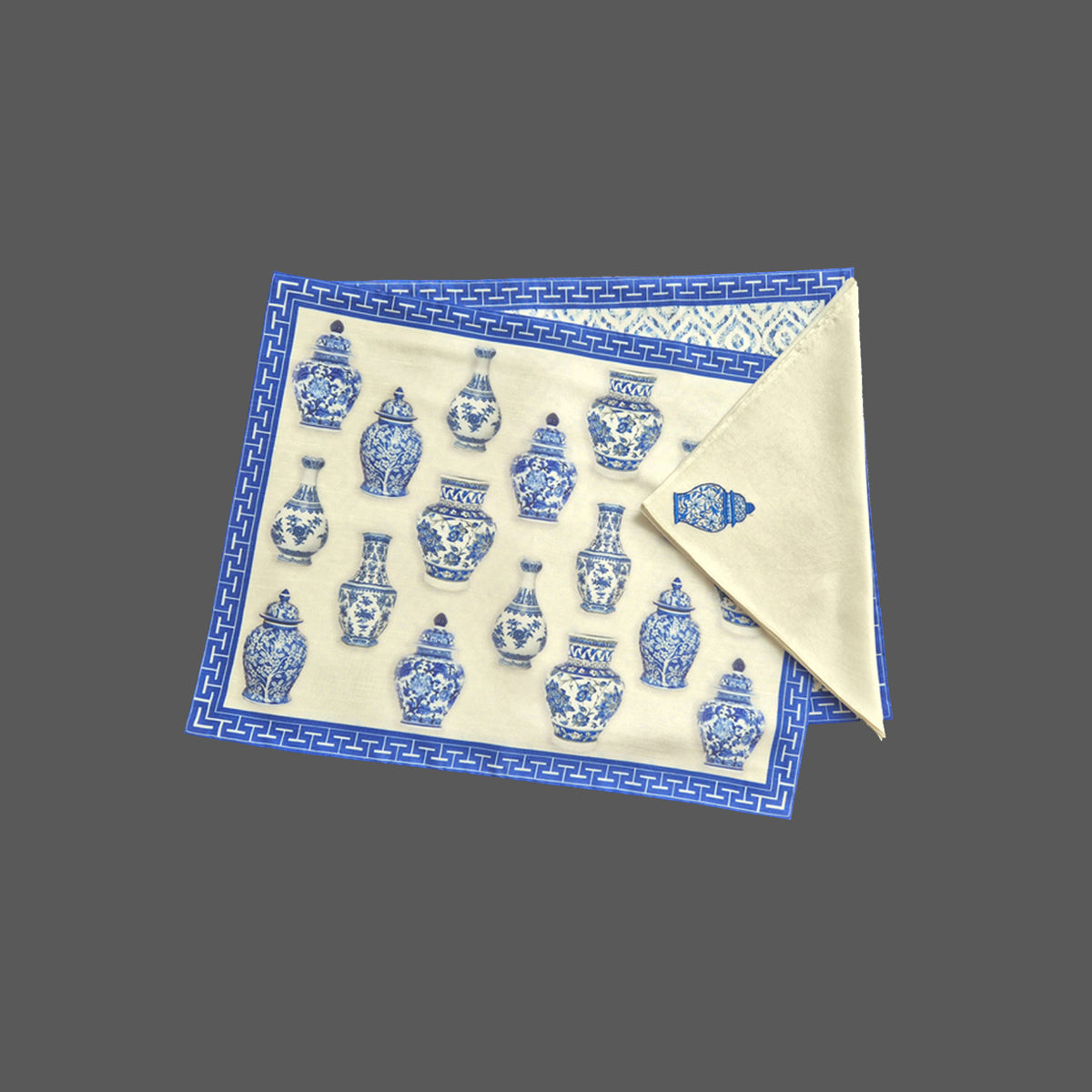 Dupion Silk Blue Portery Digital Print Blue Mat Set