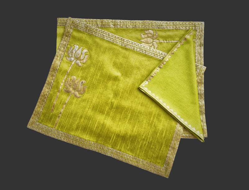 Green Khadi Fabric With Metallic Lotus Print, Dori Embroidery Table Mat and Lace Trim - Versatile and Elegant