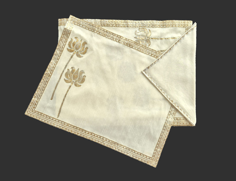 Beige Khadi Fabric With Metallic Lotus Print, Dori Embroidery Table Mat and Lace Trim - Versatile and Elegant