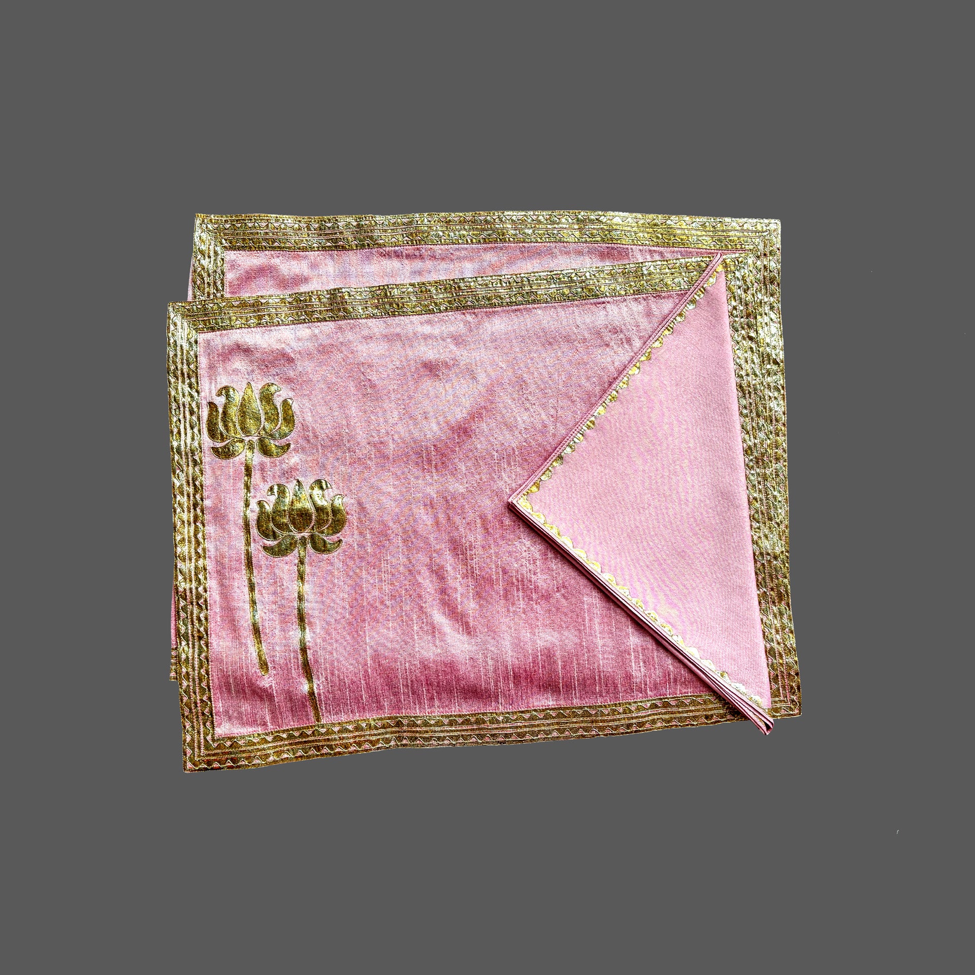 Pink Khadi Fabric With Metallic Lotus Print, Dori Embroidery Table Mat and Lace Trim - Versatile and Elegant