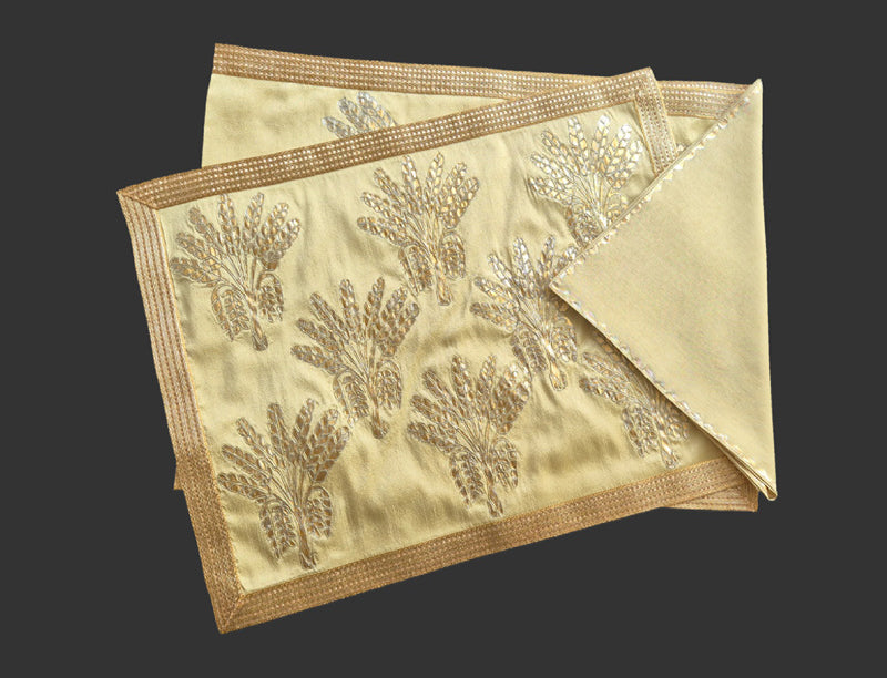 Dupion Silk Double Foil Banana Tree Dori Embroidery Beige Mat Set