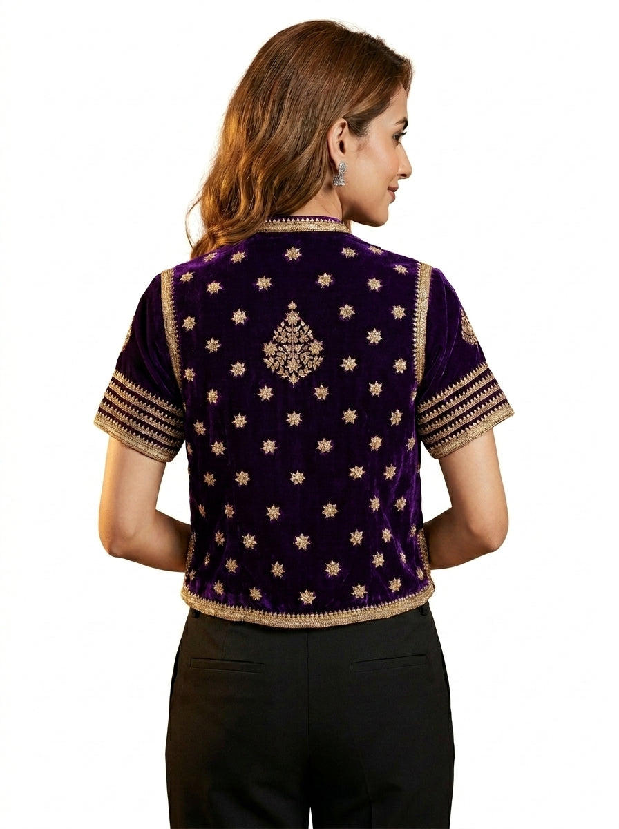 Velvet Dori Embroidery Small Flower Buti Jacket - Purple