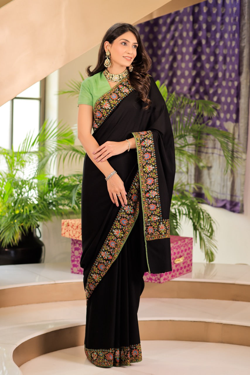 Pashmina Saree with Hand Embroidery Border Patch – Black