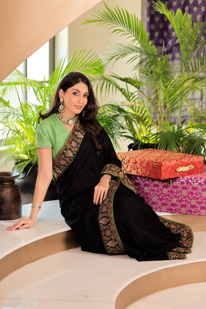 Pashmina Saree with Hand Embroidery Border Patch – Black