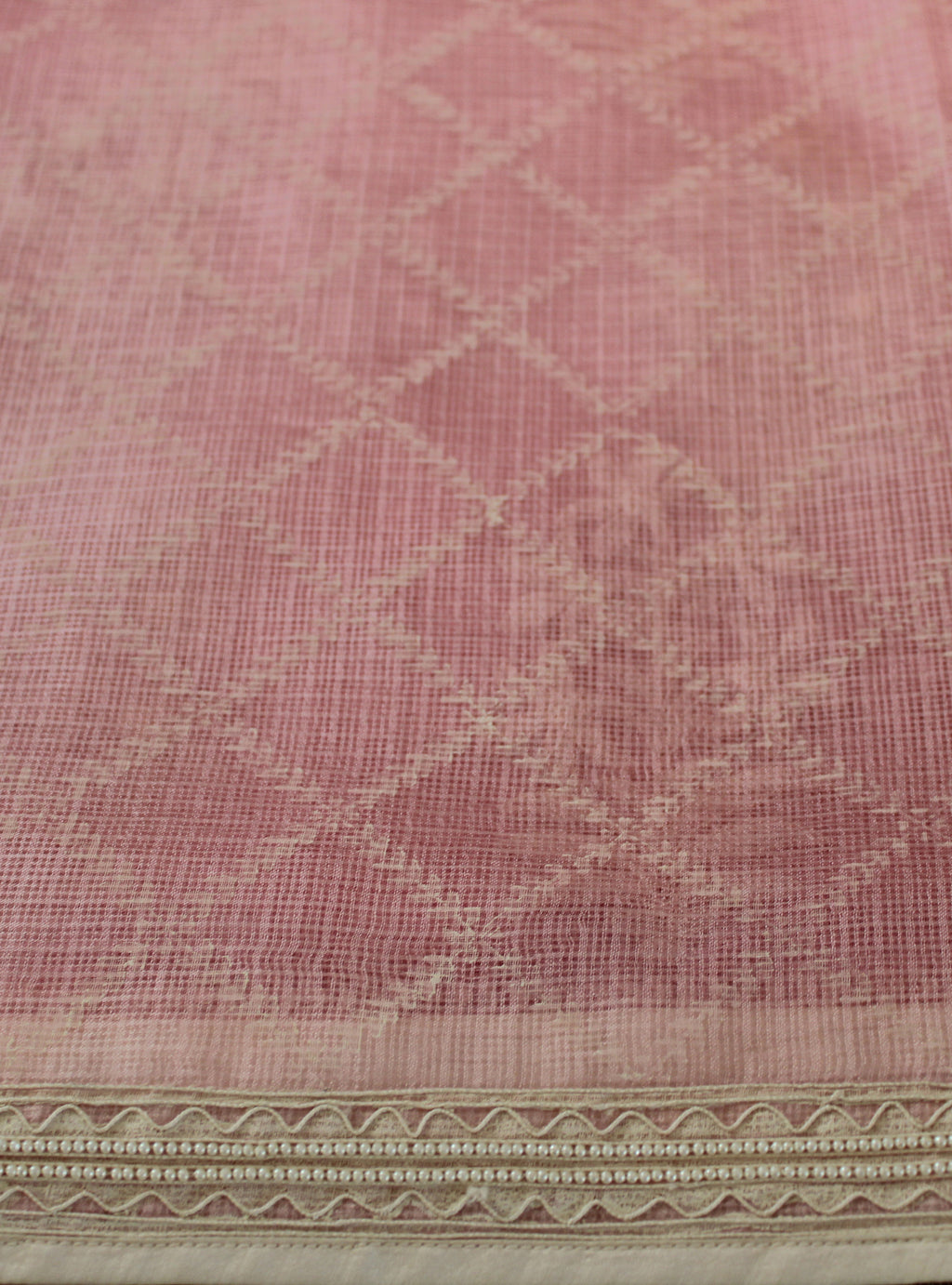 Kota Silk Off White Khadi Print With Dori Pearl Embroidery Saree - Light Pink
