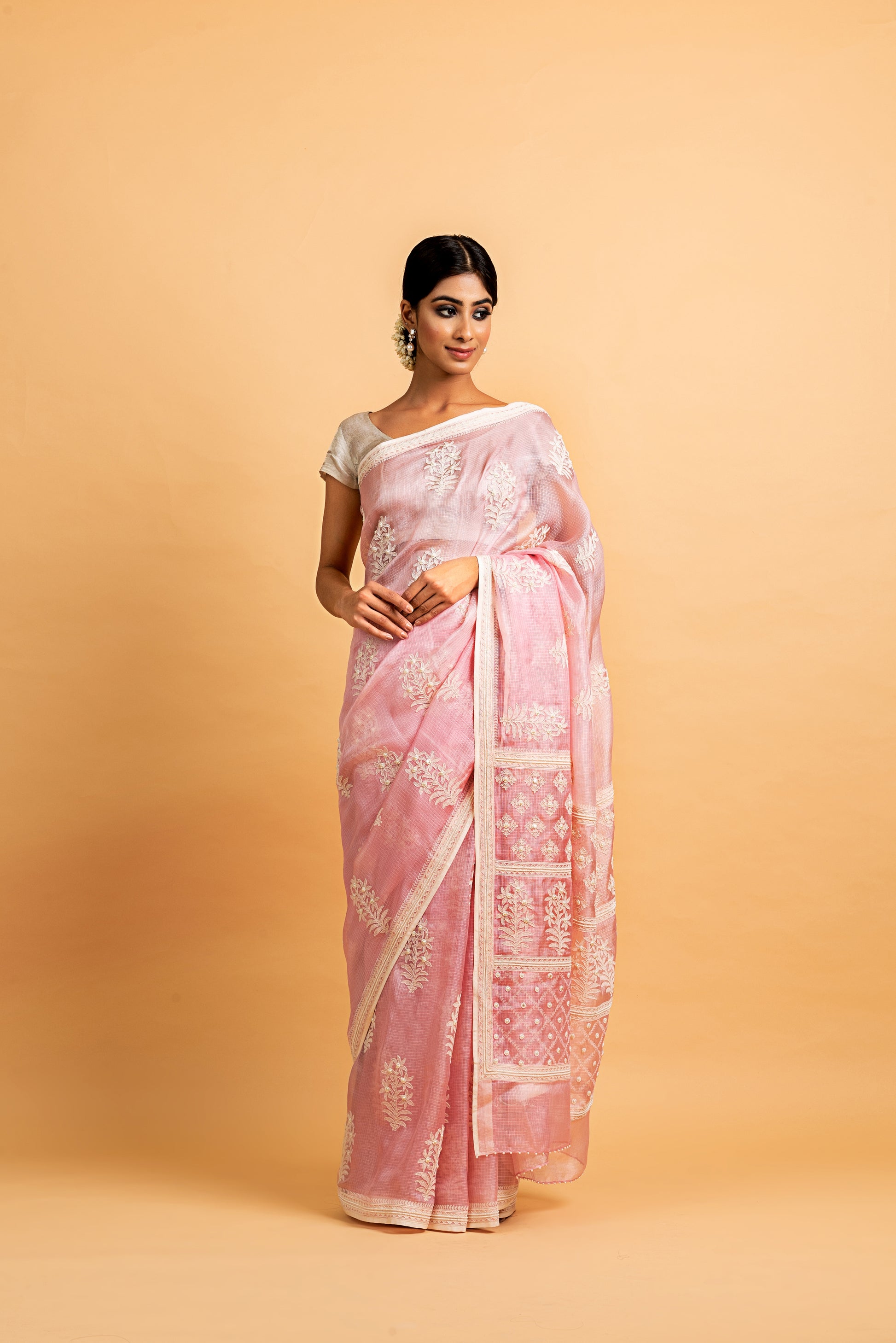 Kota Silk Off White Khadi Print With Dori Pearl Embroidery Saree - Light Pink