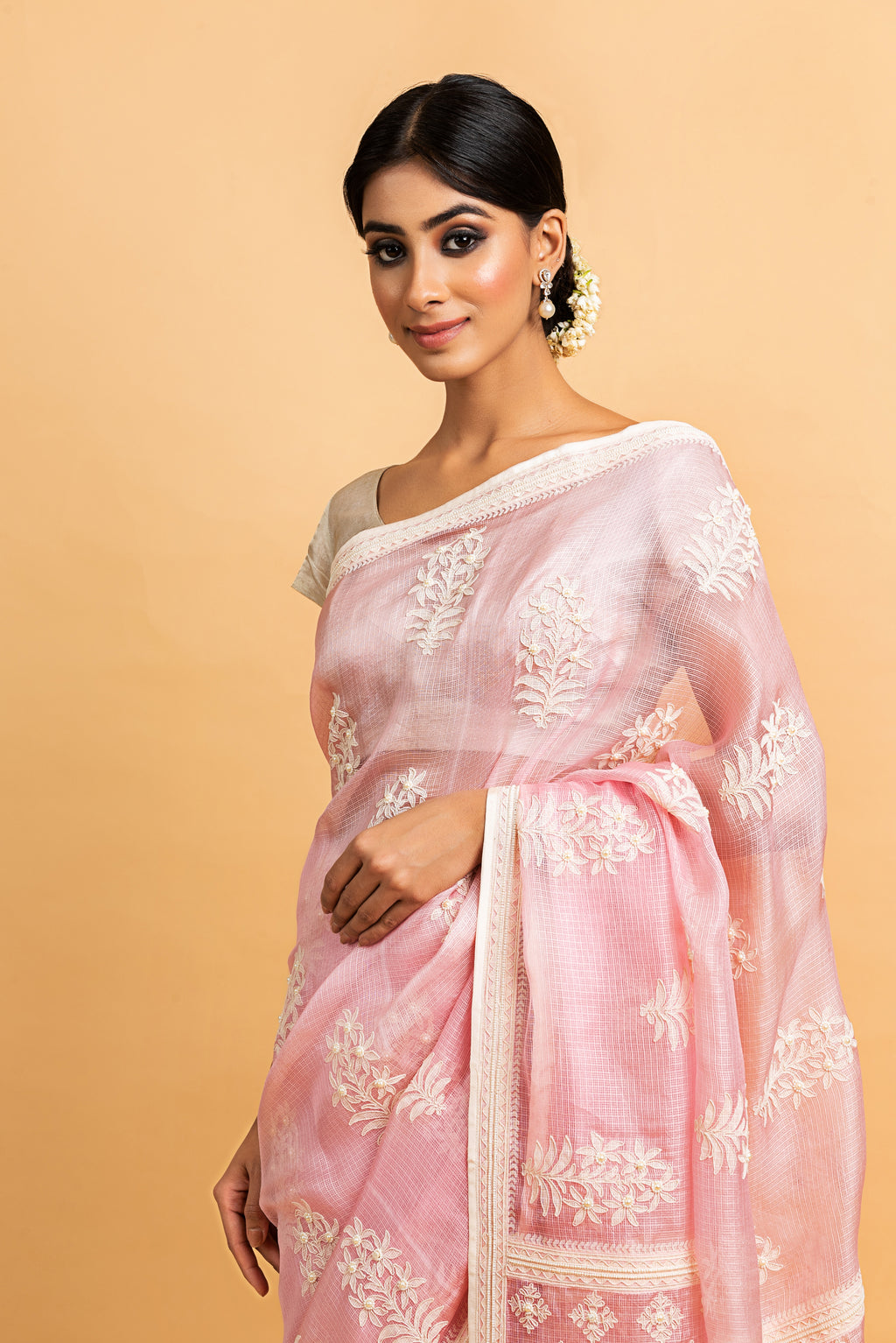 Kota Silk Off White Khadi Print With Dori Pearl Embroidery Saree - Light Pink