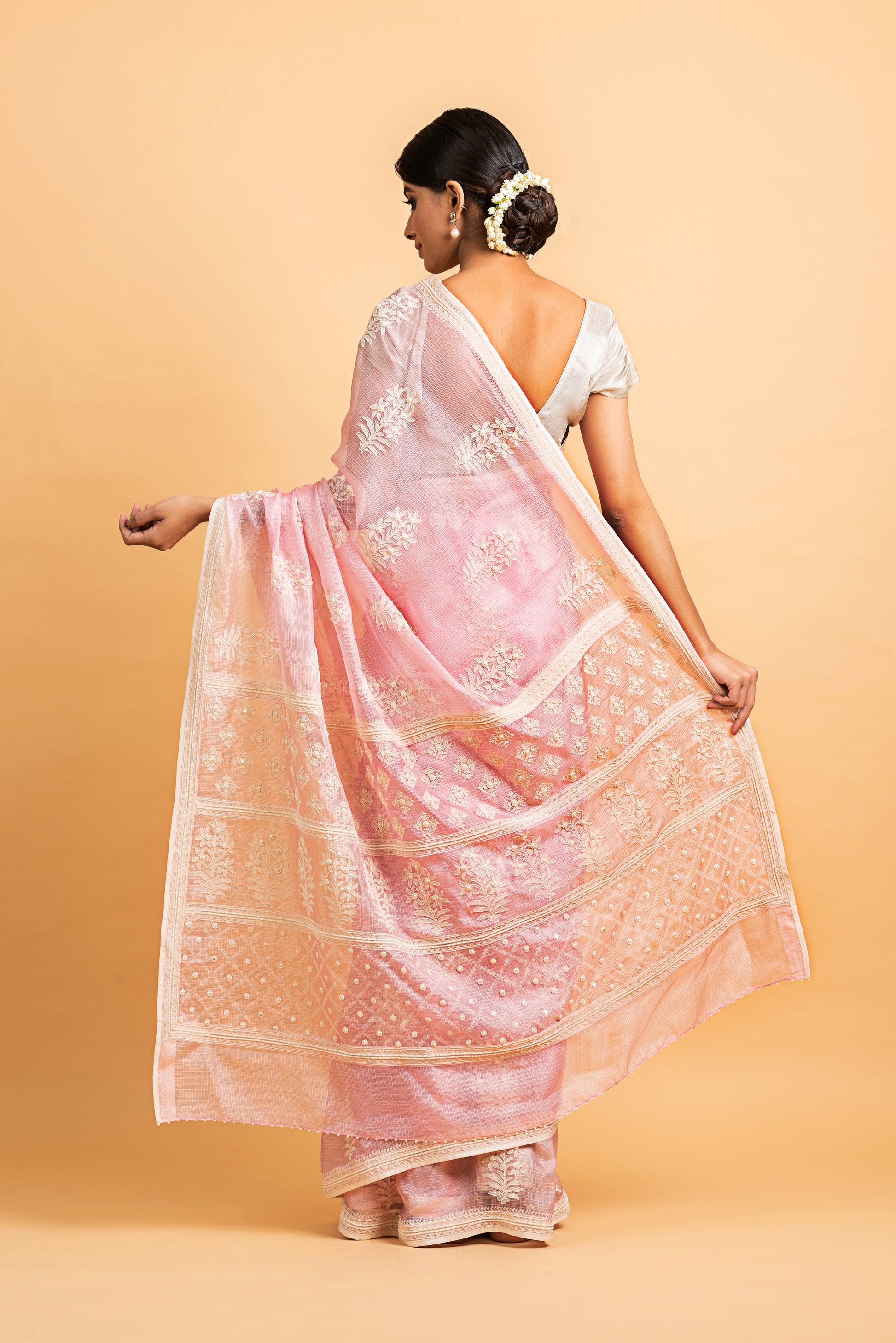 Kota Silk Off White Khadi Print With Dori Pearl Embroidery Saree - Light Pink