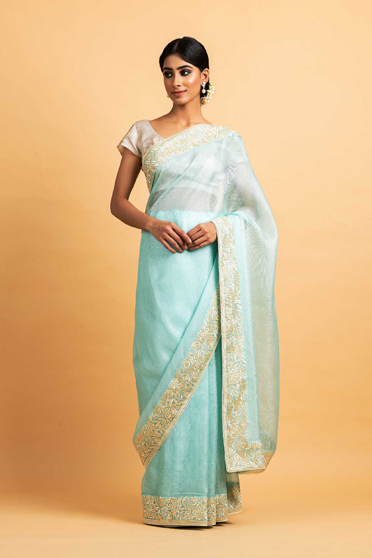 Kota Silk Rosella Resham Broder Embroidery saree - Light Blue