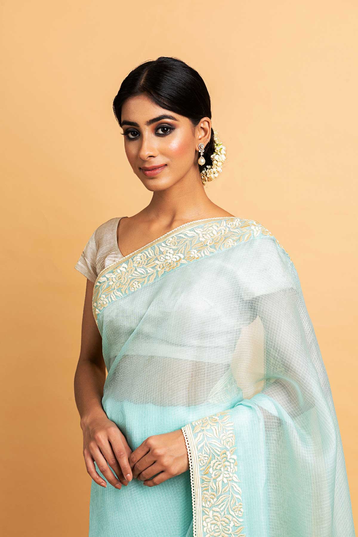 Kota Silk Rosella Resham Broder Embroidery saree - Light Blue