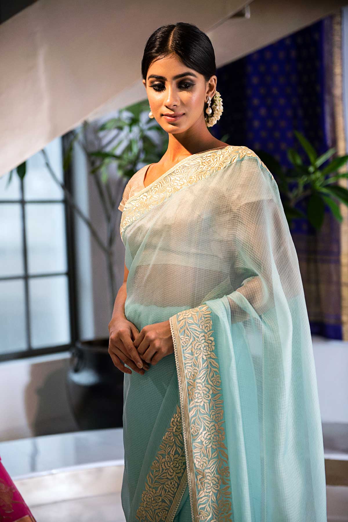 Kota Silk Rosella Resham Broder Embroidery saree - Light Blue