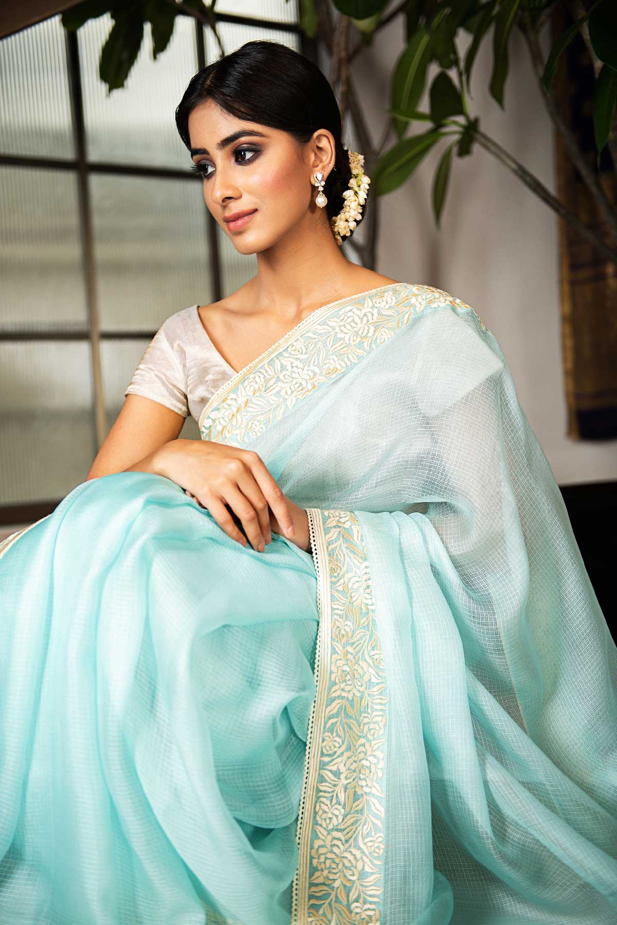 Kota Silk Rosella Resham Broder Embroidery saree - Light Blue