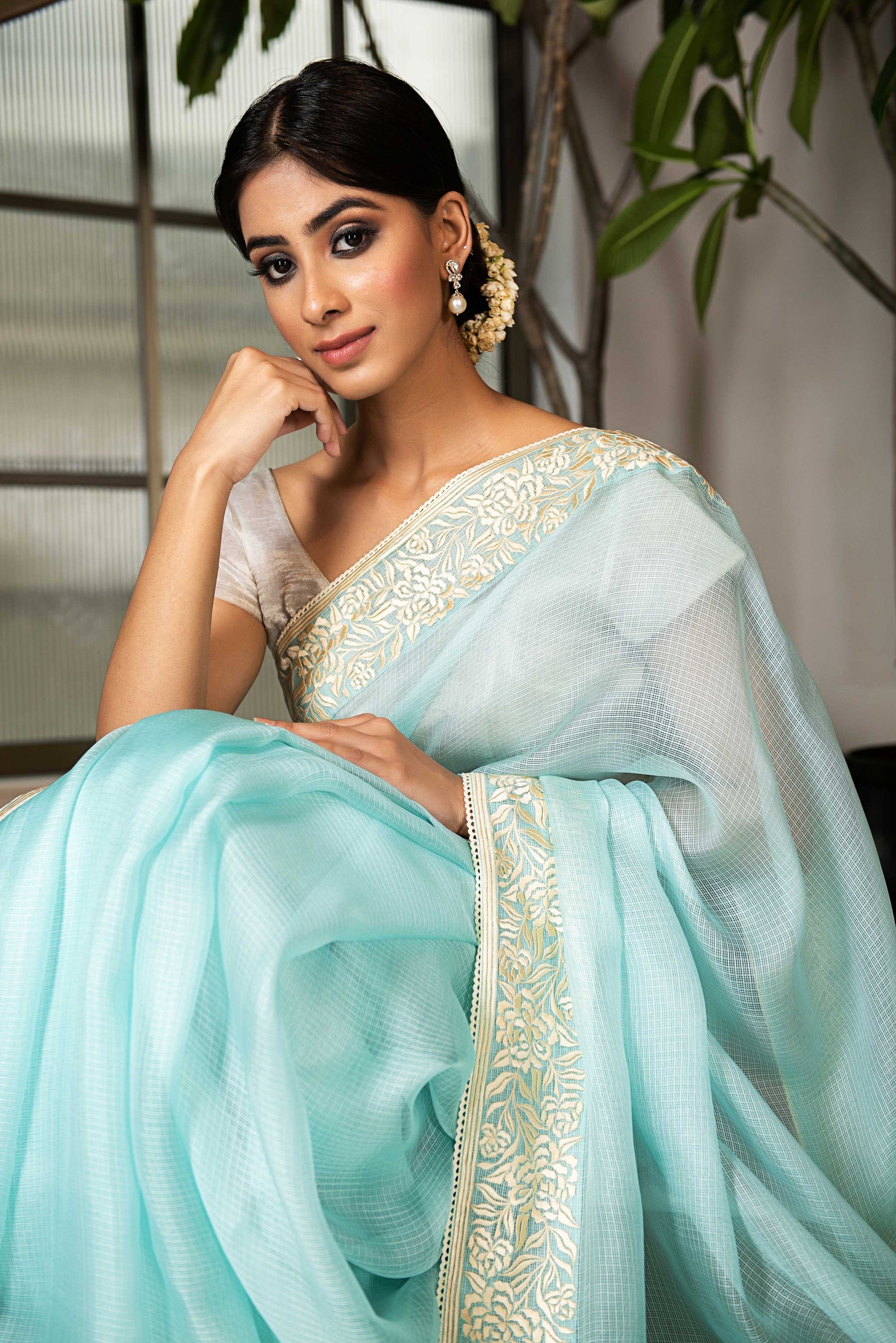 Kota Silk Rosella Resham Broder Embroidery saree - Light Blue