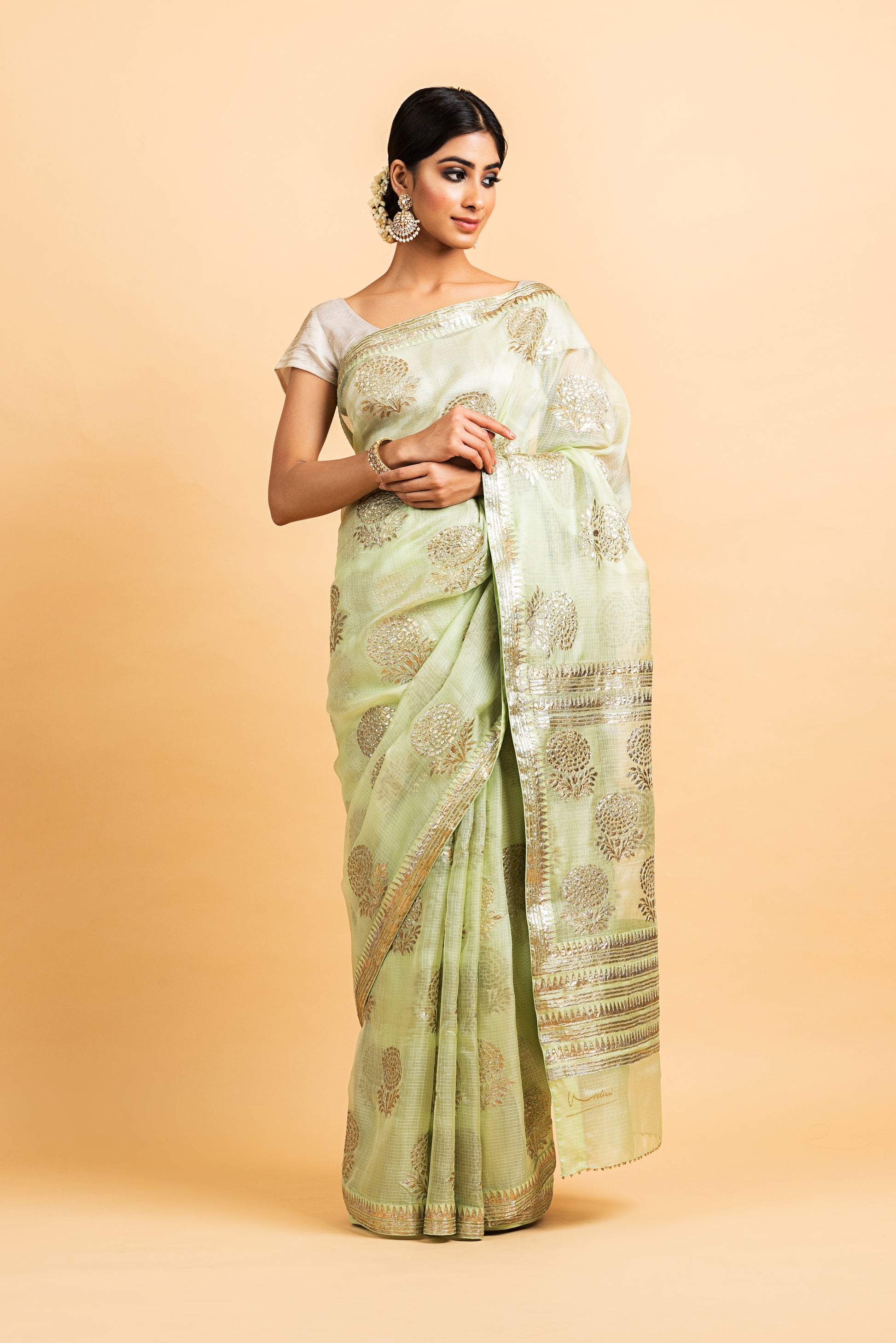 Kota Silk Gold and Silver Foil Print Buta With Dori Embroidery Saree