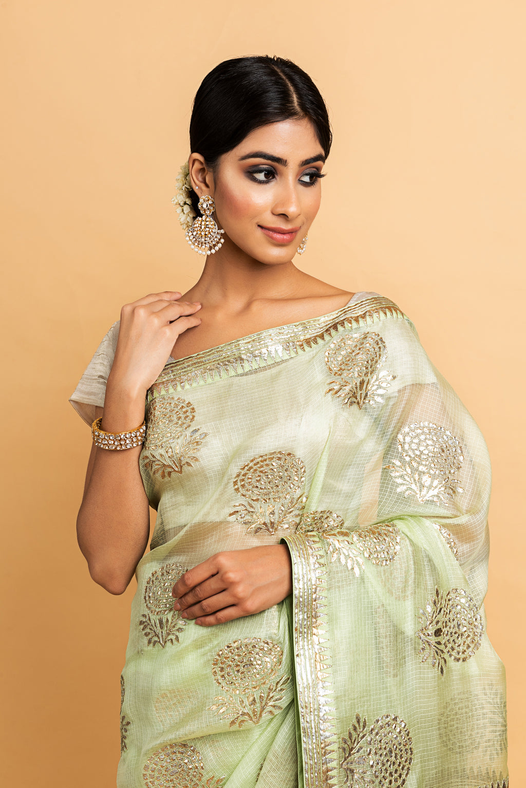 Kota Silk Gold and Silver Foil Print Buta With Dori Embroidery Saree