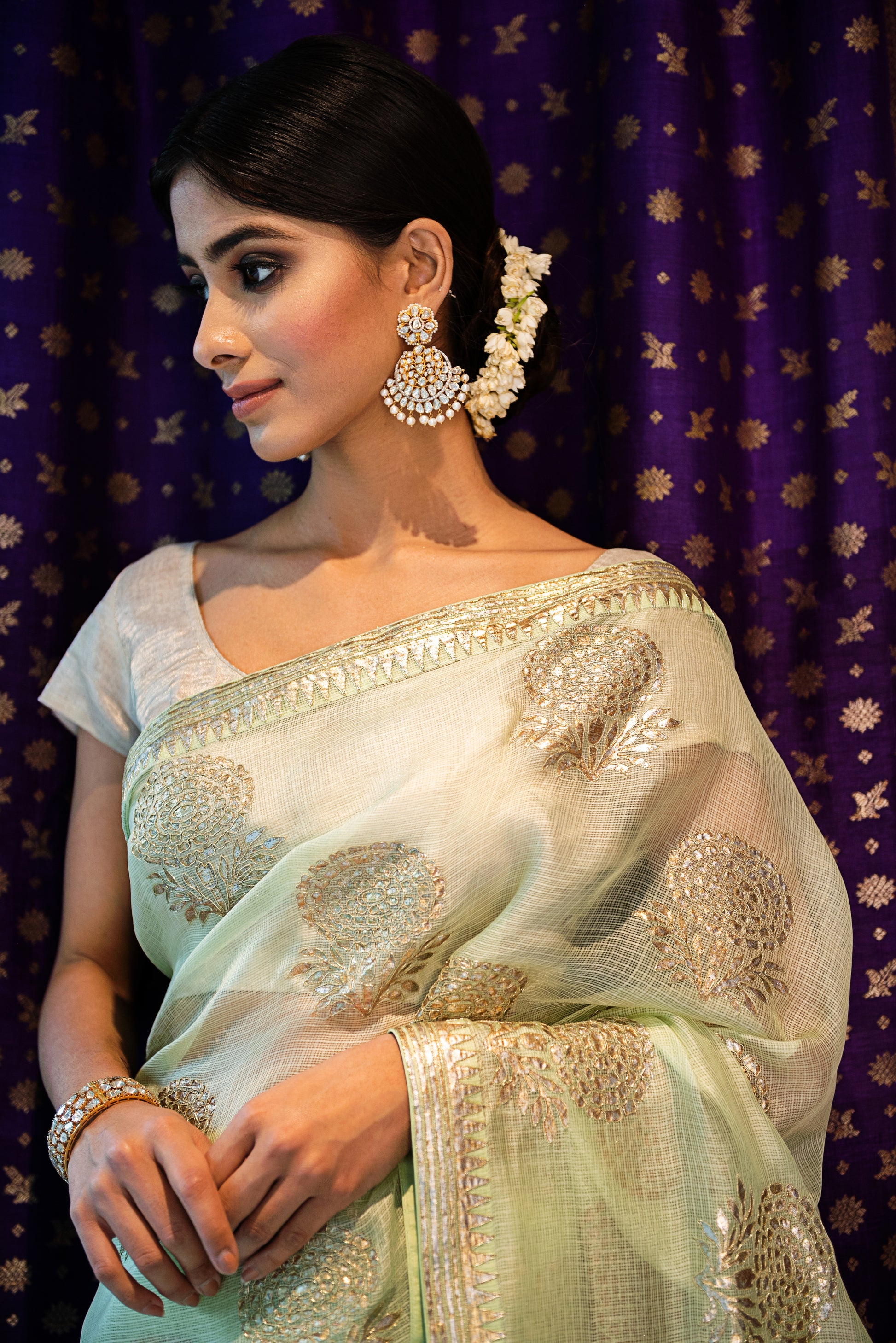 Kota Silk Gold and Silver Foil Print Buta With Dori Embroidery Saree