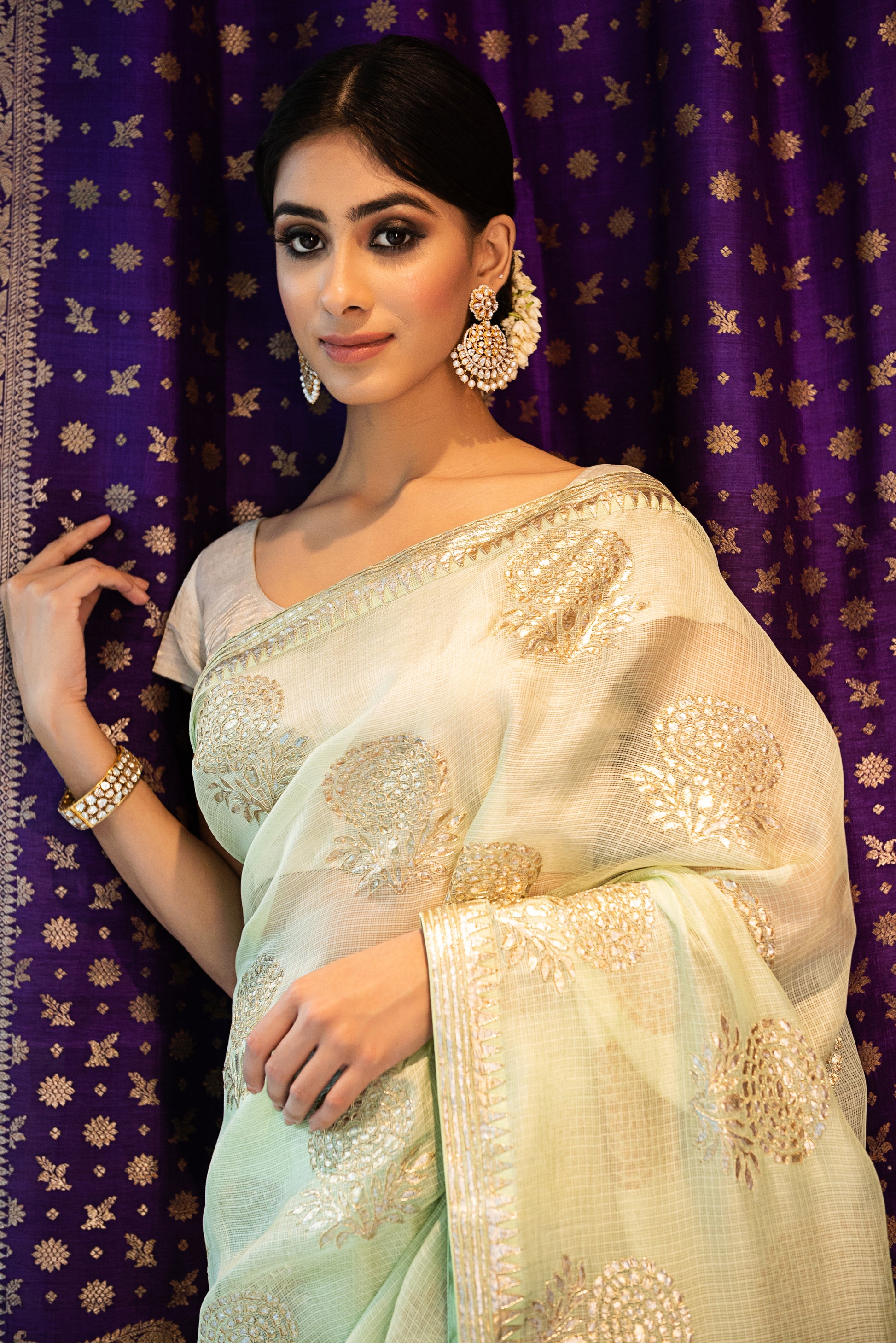 Kota Silk Gold and Silver Foil Print Buta With Dori Embroidery Saree