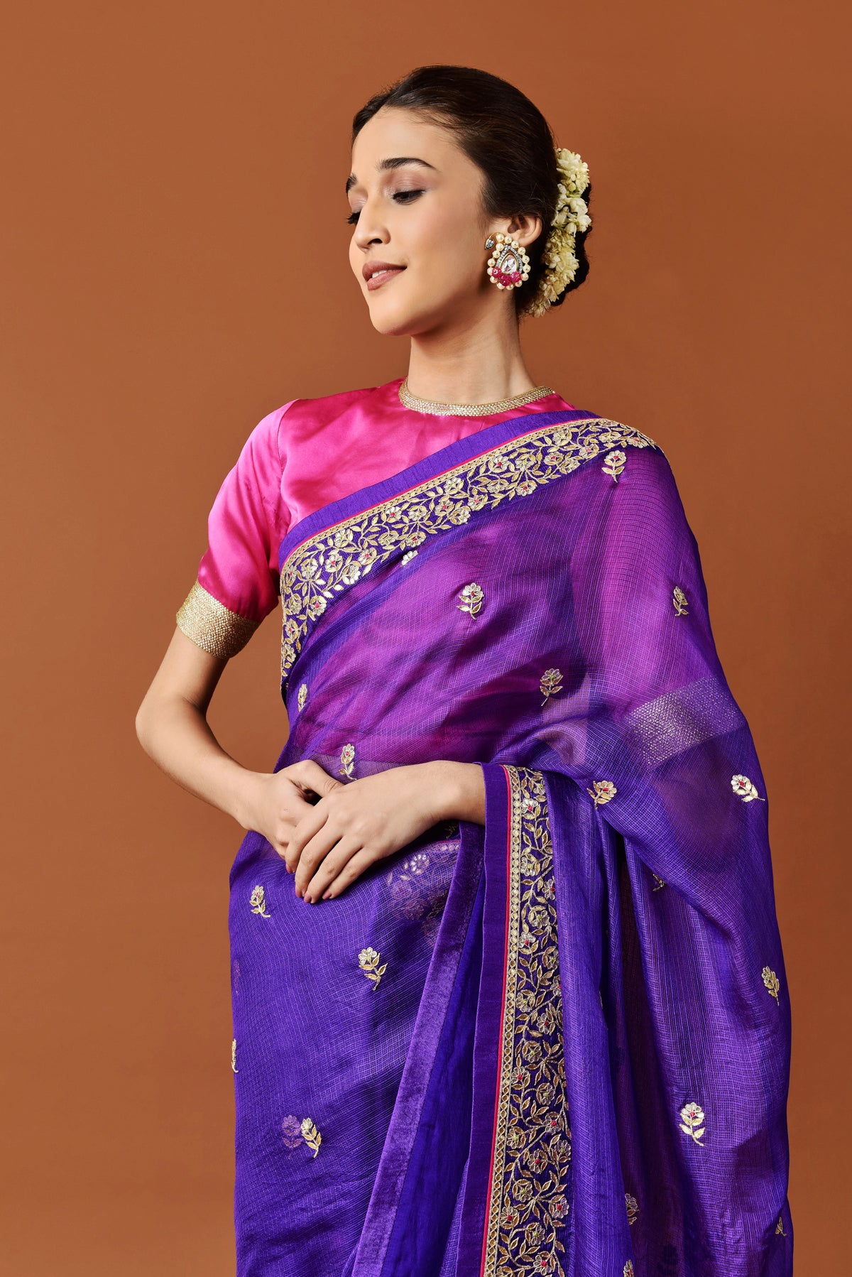 Kota Silk Gota Patti Meena Border With Buti Embroidery Saree