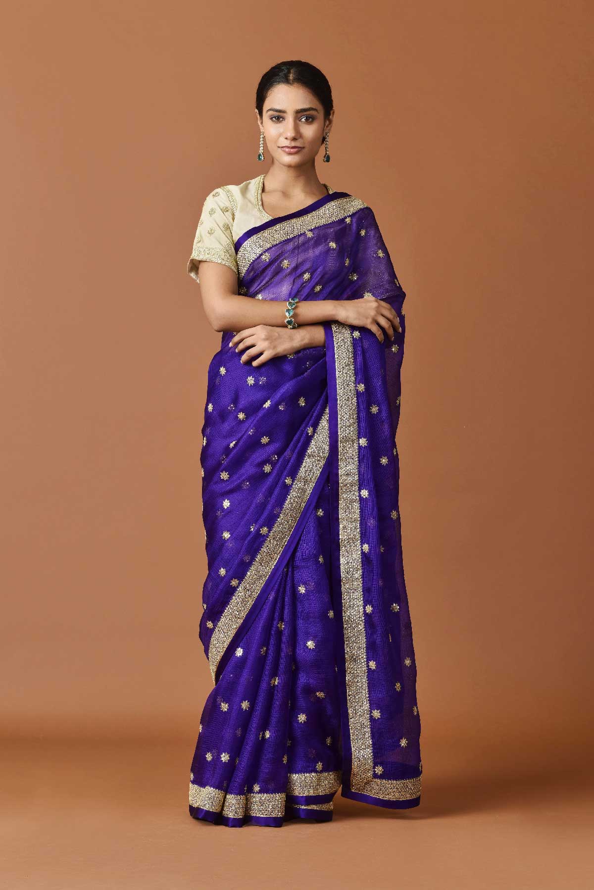 Kota Silk Zari Sequence Mughal Broder With Flower Buti Embroidery Saree - Purple