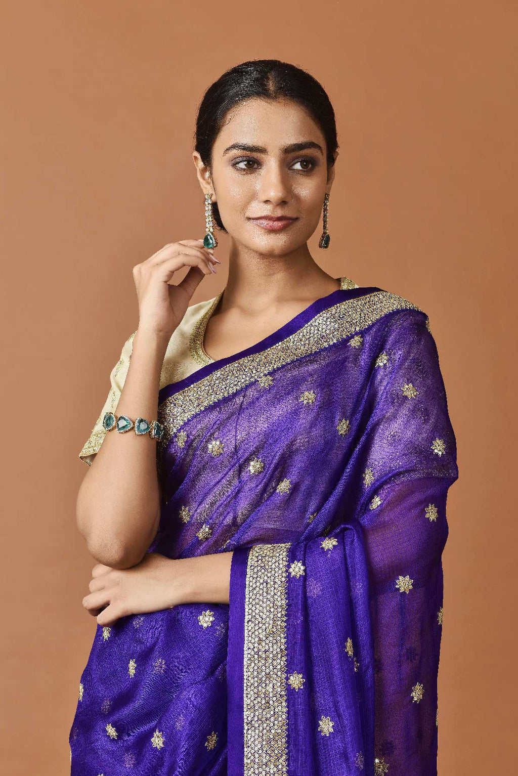 Kota Silk Zari Sequence Mughal Broder With Flower Buti Embroidery Saree - Purple