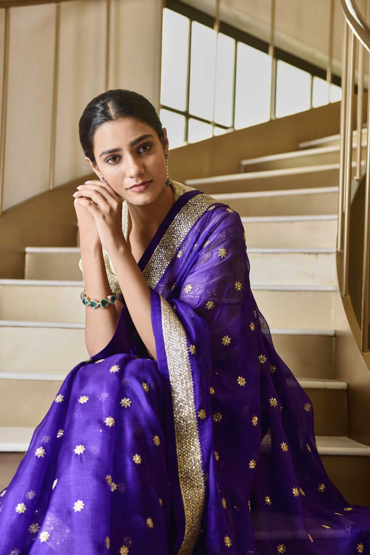 Kota Silk Zari Sequence Mughal Broder With Flower Buti Embroidery Saree - Purple