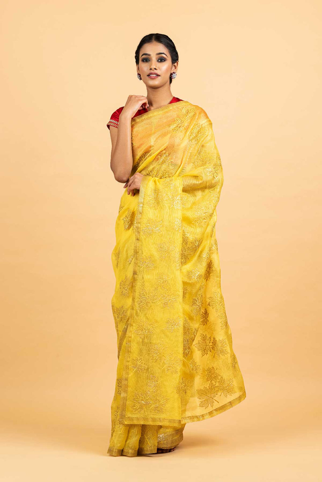 Kota Silk Chinar Patti Applique Embroidery Saree - Yellow