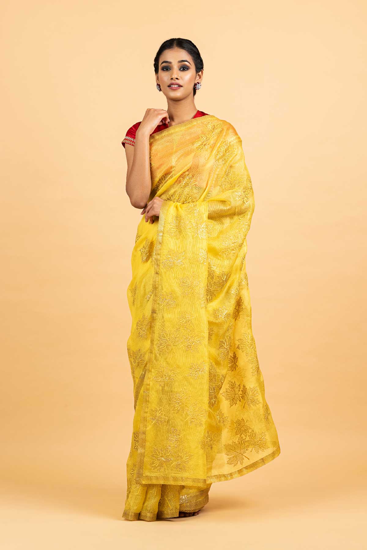 Kota Silk Chinar Patti Applique Embroidery Saree - Yellow
