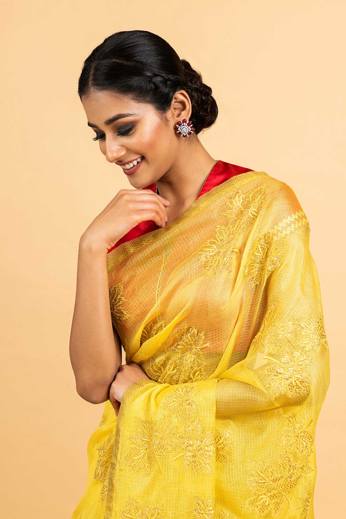 Kota Silk Chinar Patti Applique Embroidery Saree - Yellow