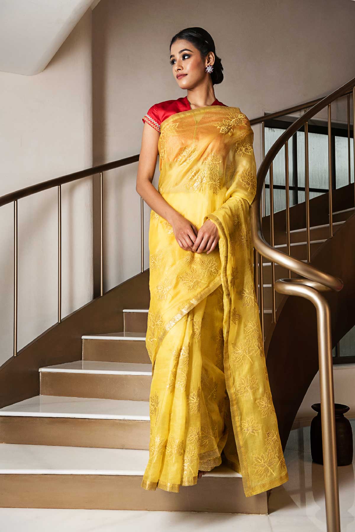Kota Silk Chinar Patti Applique Embroidery Saree - Yellow