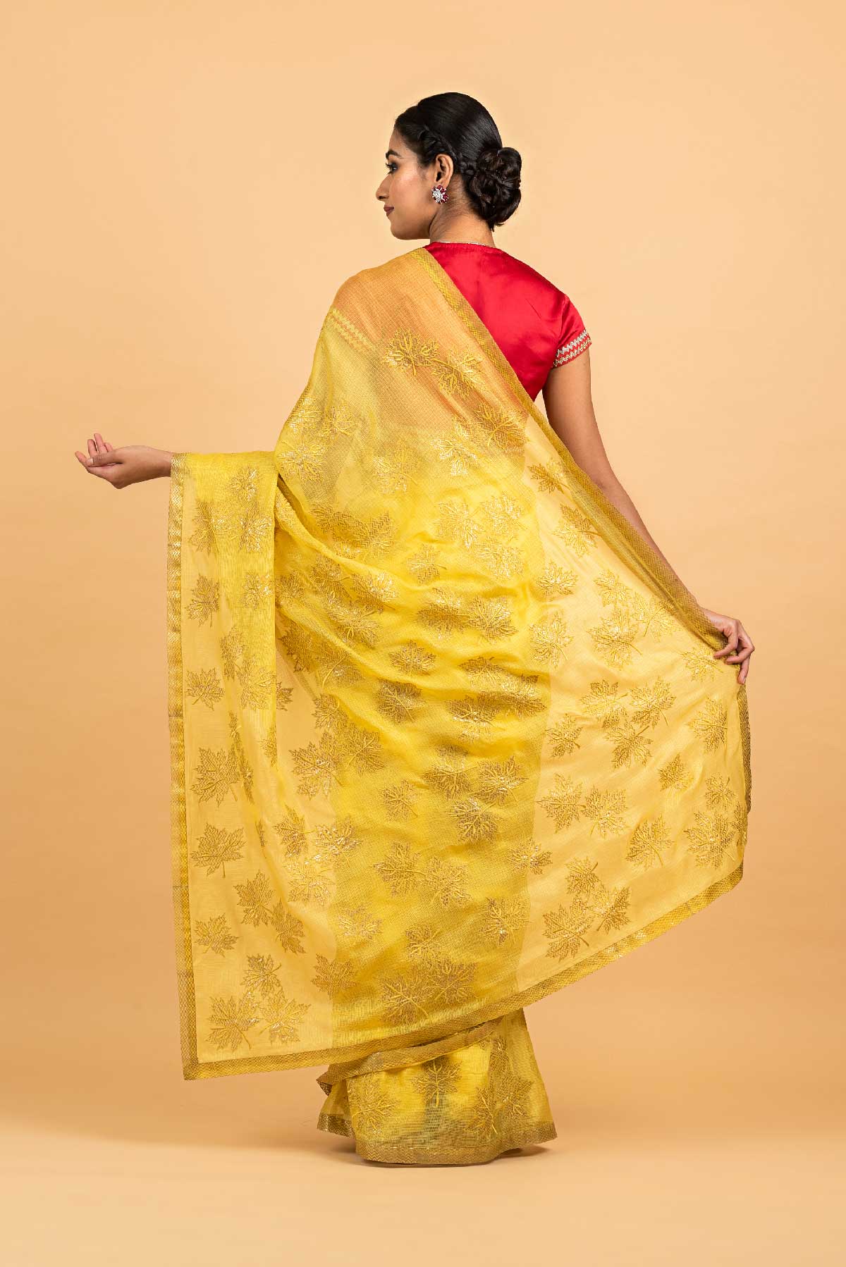 Kota Silk Chinar Patti Applique Embroidery Saree - Yellow