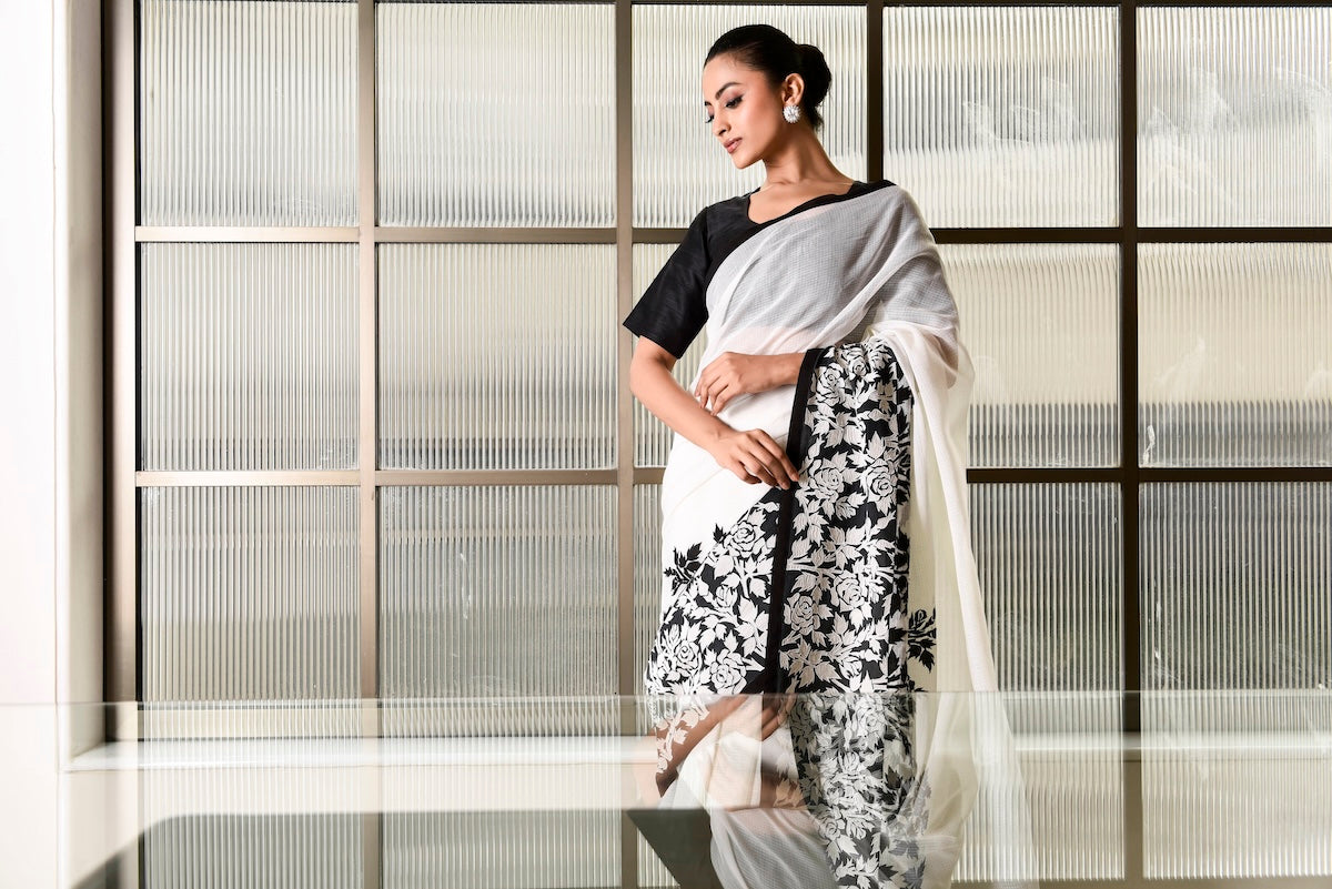 Kota Silk Rose Jaal Appliqué Saree – White