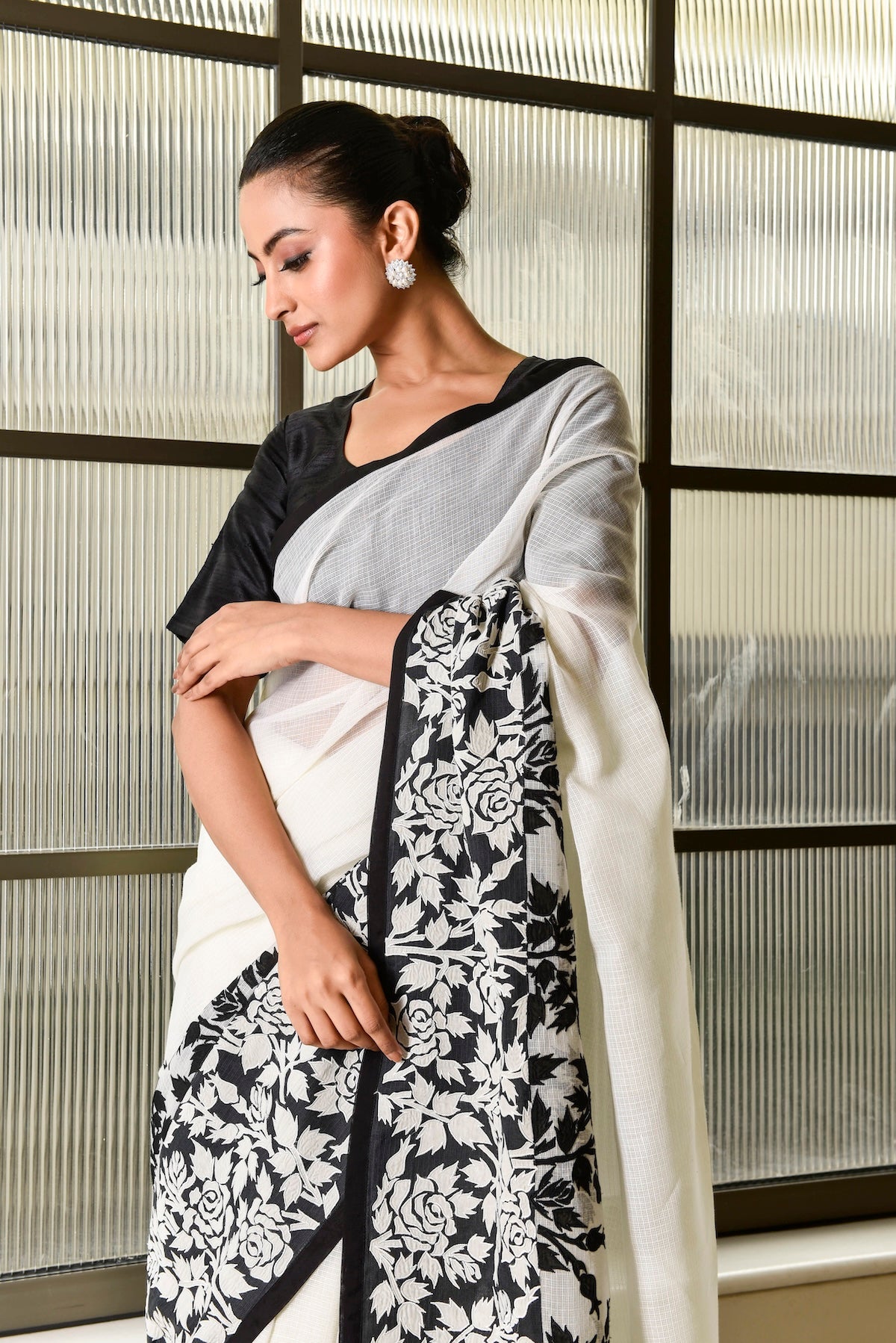 Kota Silk Rose Jaal Appliqué Saree – White