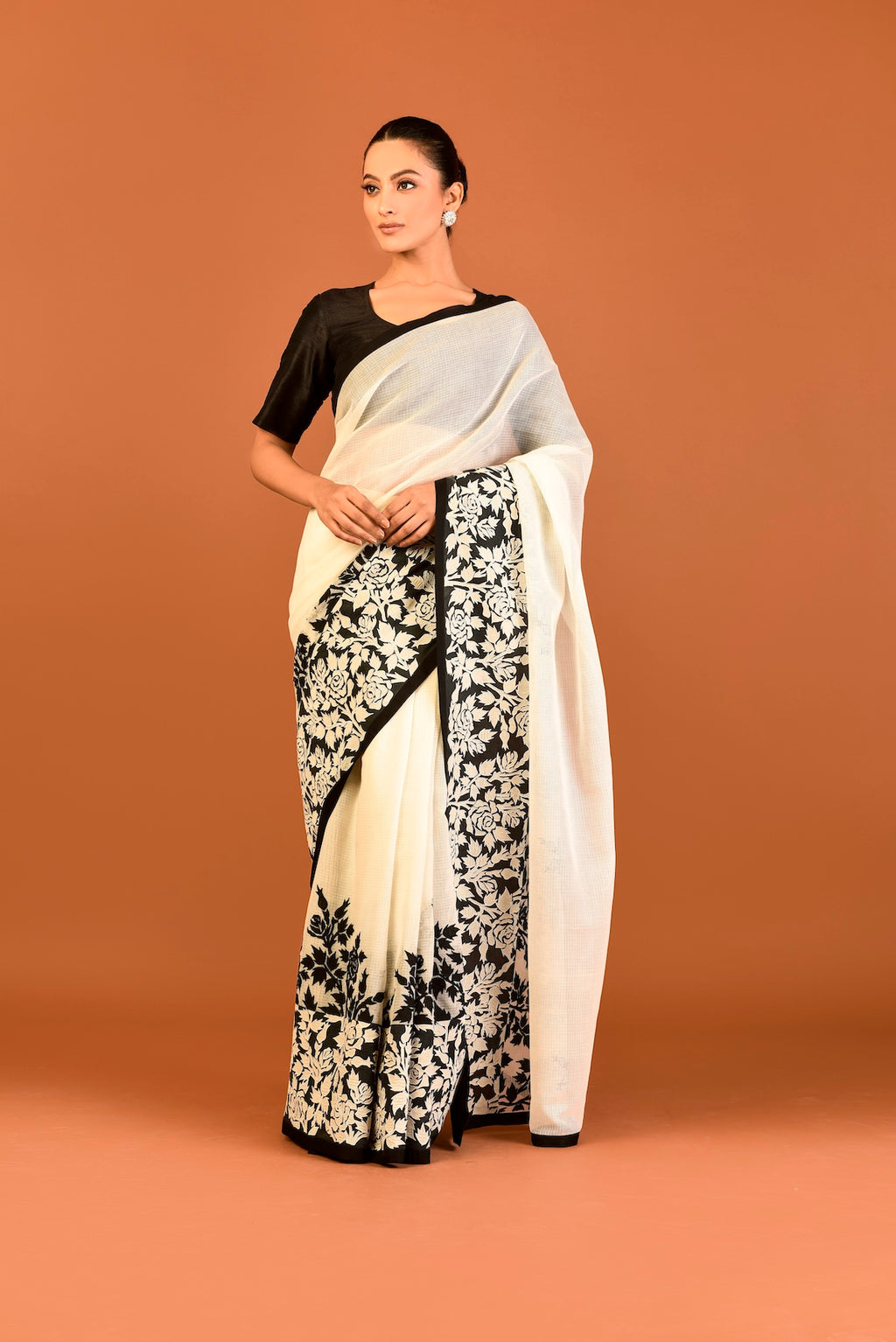 Kota Silk Rose Jaal Appliqué Saree – White