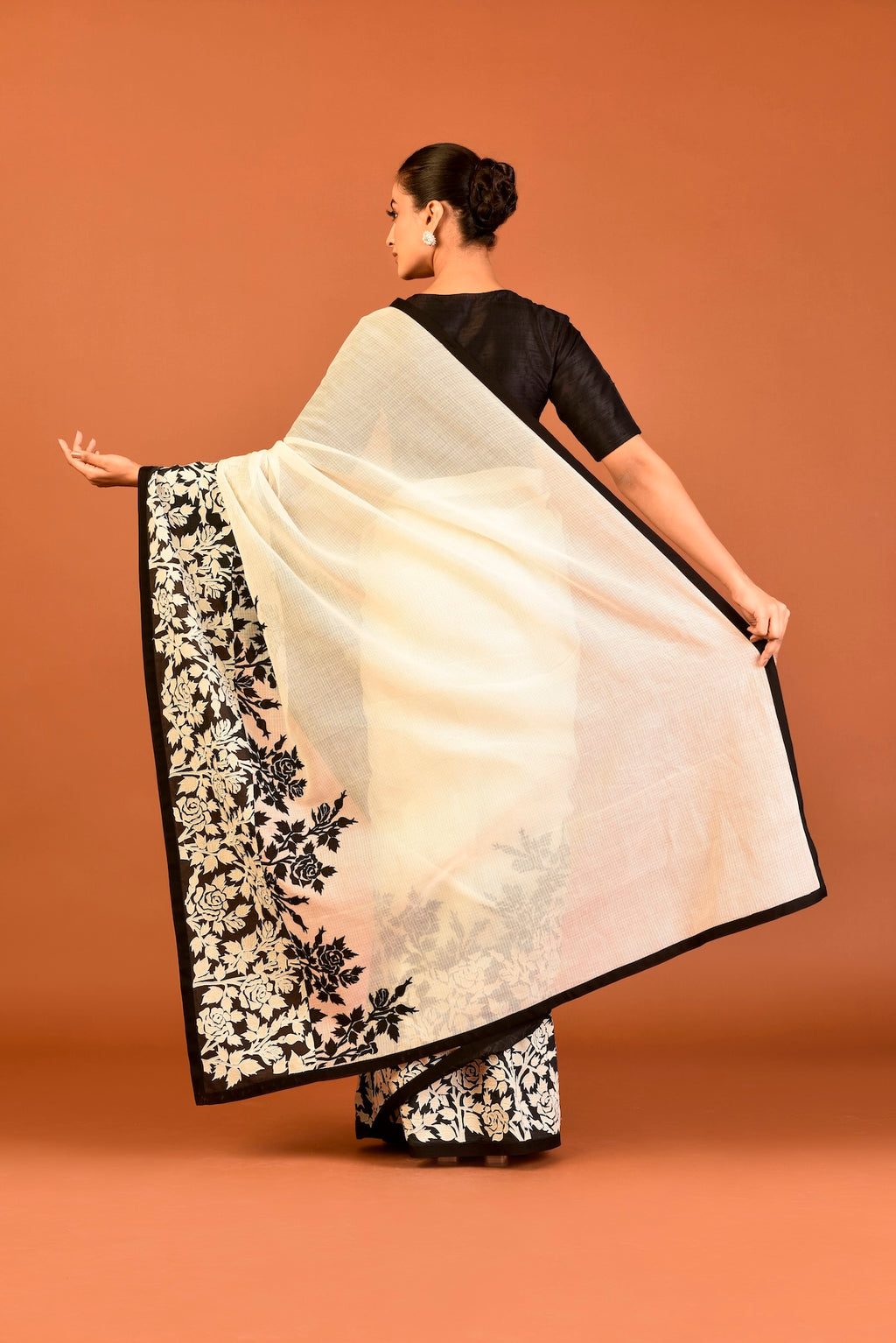 Kota Silk Rose Jaal Appliqué Saree – White