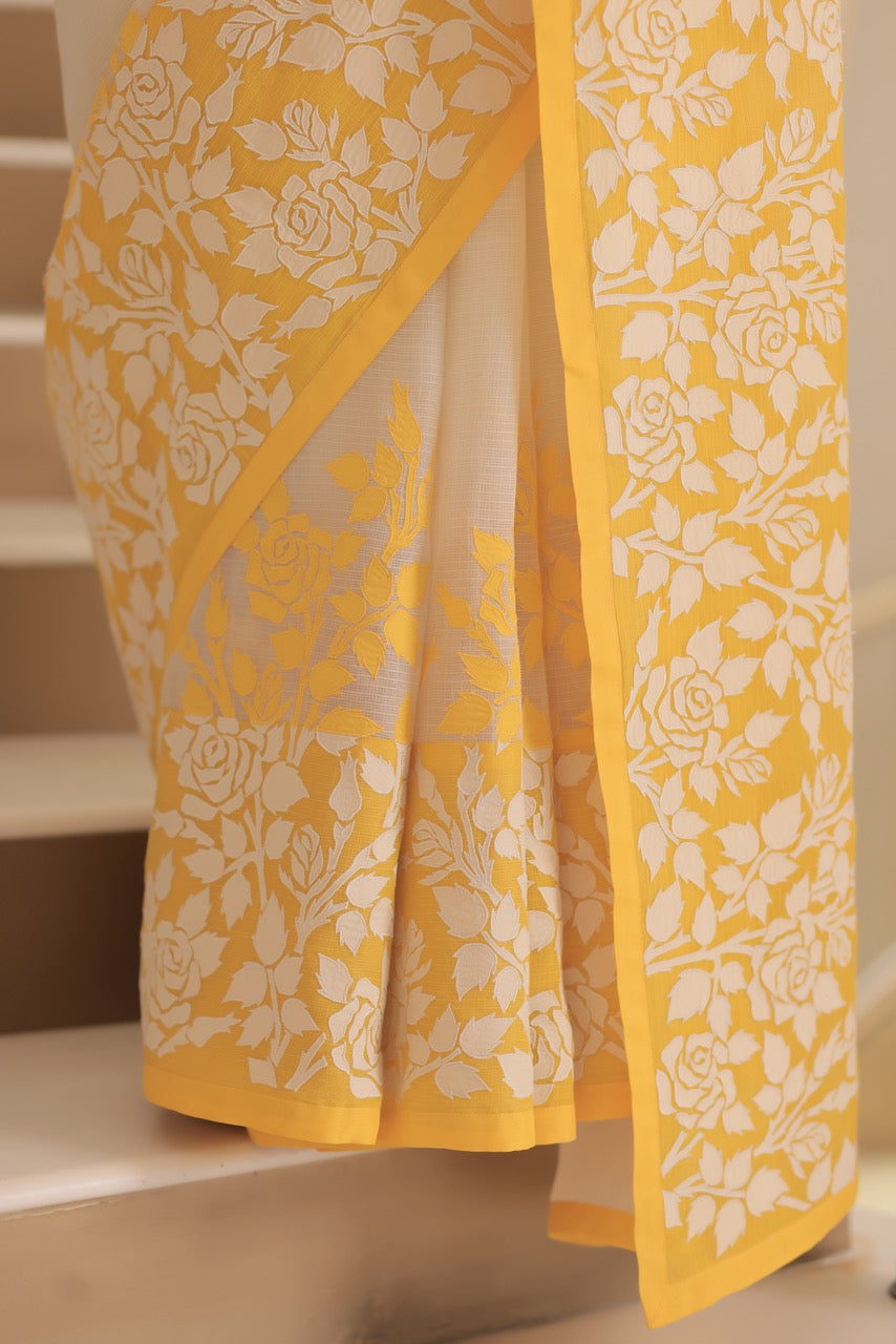 Kota Cotton Skirt Border Print With Rose Jaal Applique Organza Embroidery Saree
