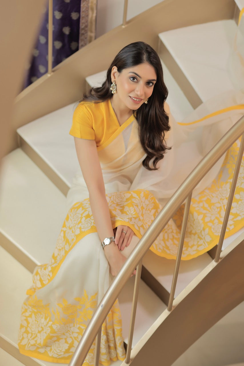 Kota Cotton Skirt Border Print With Rose Jaal Applique Organza Embroidery Saree