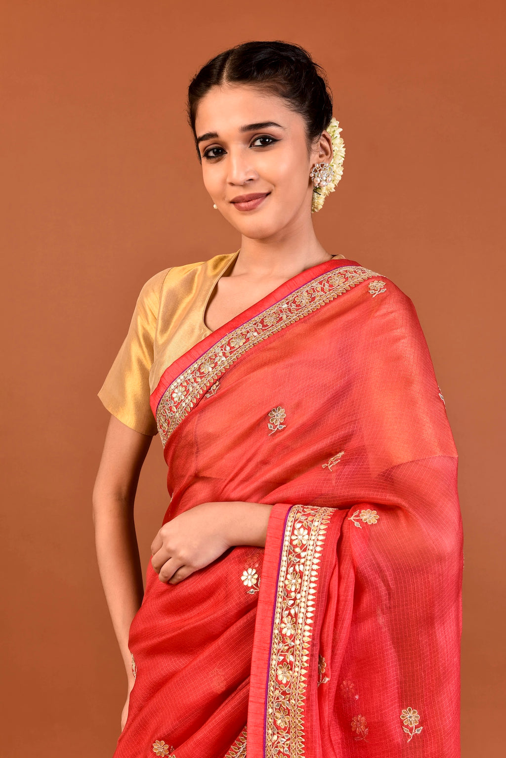 Kota Silk Gota Patti Phool Design Saree – Reddish