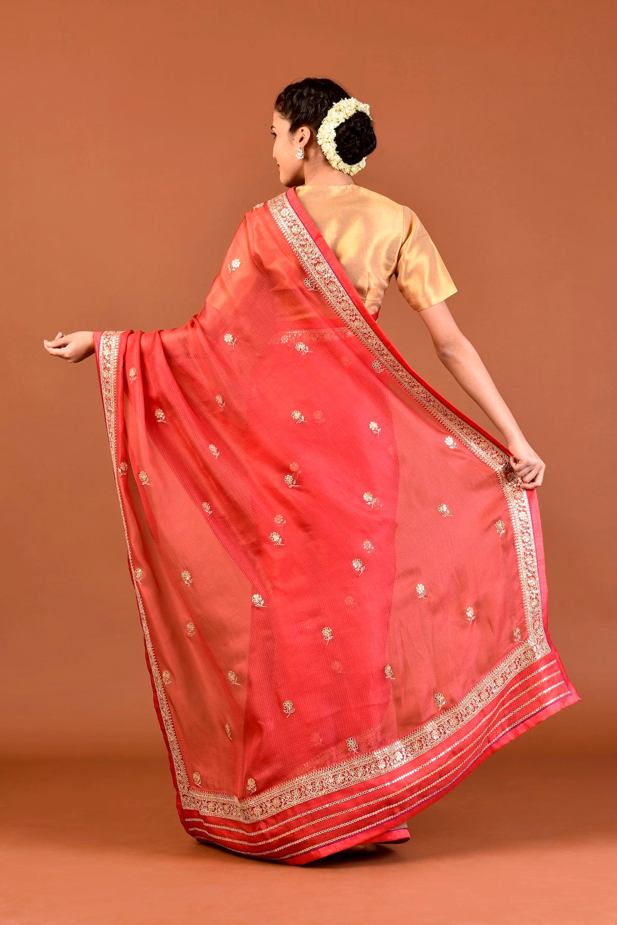 Kota Silk Gota Patti Phool Design Saree – Reddish