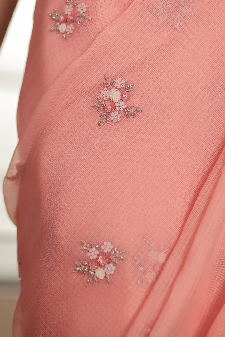 Kota Silk Sequins Cutdana Cluster Flower Buti Embroidery Saree - Light Pink