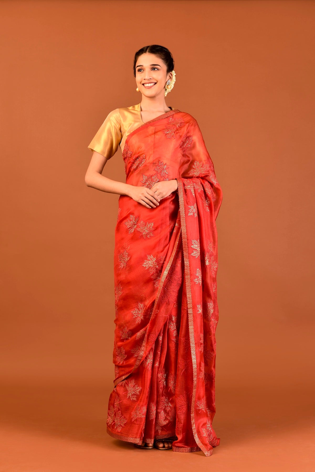 Kota Silk Chinar Patti Appliqué Saree – Red